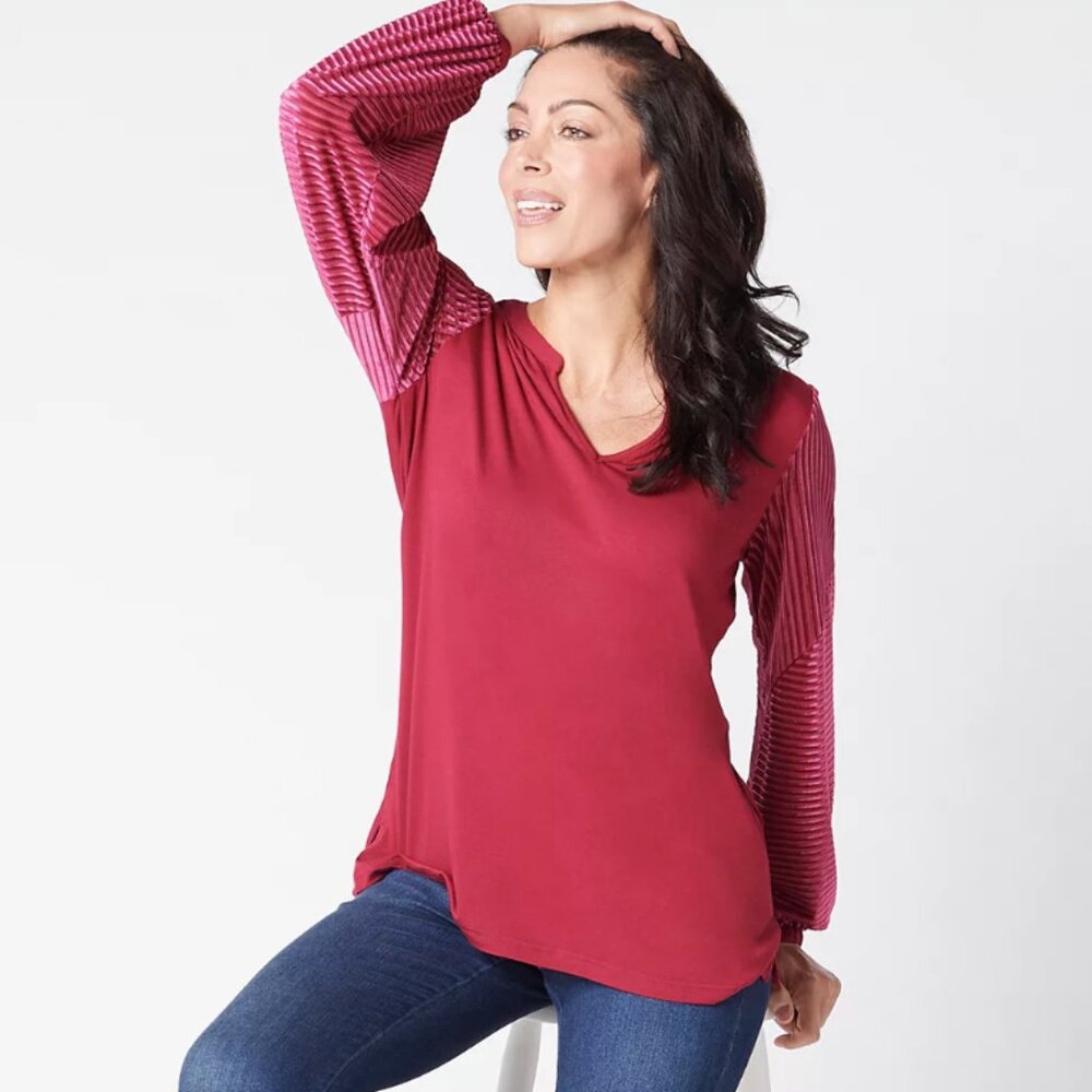 Belle by Kim Gravel 4X Red V-Neck Shadow Stripe Velvet Poet Sleeve Knit Top Plus